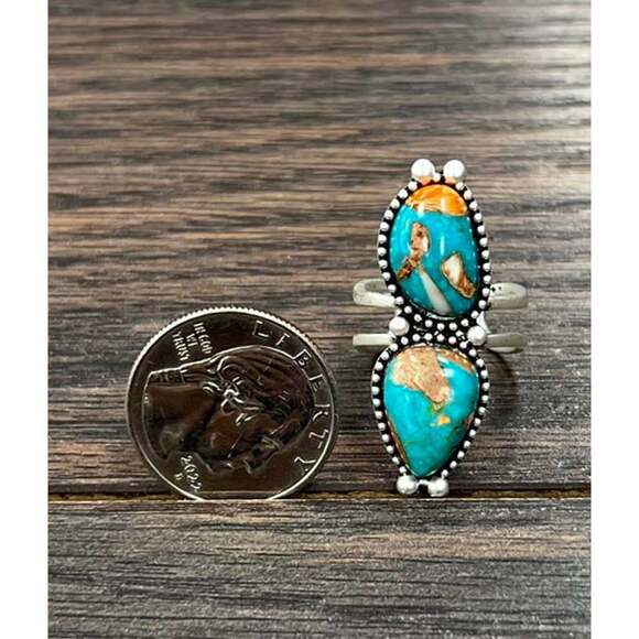 Southwestern Gemstone Adjustable Ring with Brass Dual Band, Statement Cuff Ring - Picture 3 of 3